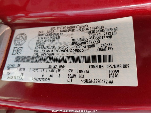 Продажа на аукционе авто 2013 Ford Escape, vin: 1FMCU9G98DUC05005, номер лота: 12615378