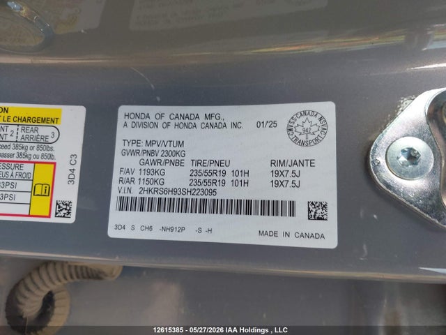 12615385 :رقم المزاد ، 2HKRS6H93SH223095 vin ، 2025 Honda Cr-v Touring Hybrid مزاد بيع