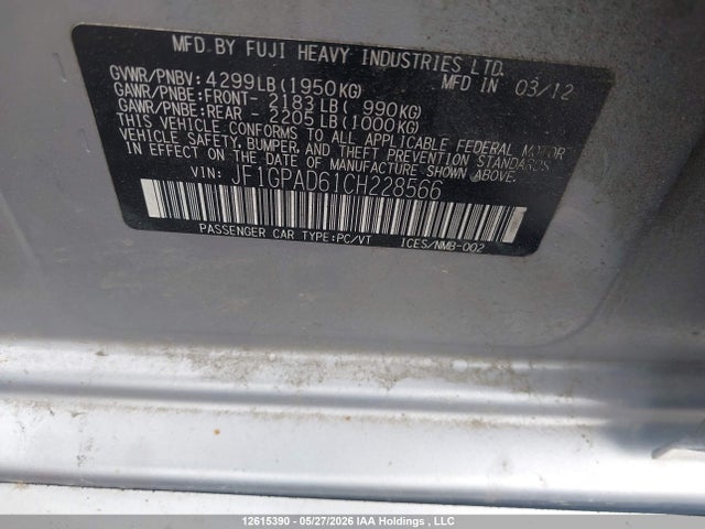 12615390 :رقم المزاد ، JF1GPAD61CH228566 vin ، 2012 Subaru Impreza 2.0i Touring Package مزاد بيع