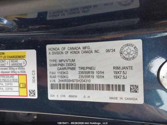 2025 Honda Cr-v Touring Hybrid მანქანა იყიდება აუქციონზე, vin: 2HKRS6H97SH204310, აუქციონის ნომერი: 12615411