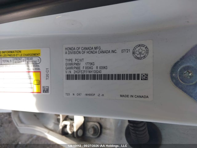 Продажа на аукционе авто 2022 Honda Civic Sport, vin: 2HGFE2F51NH108240, номер лота: 12615412