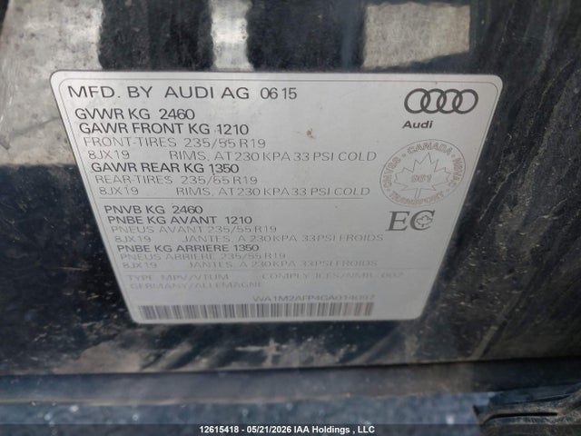 12615418 :رقم المزاد ، WA1M2AFP4GA014097 vin ، 2016 Audi Q5 Progressiv/s-line مزاد بيع