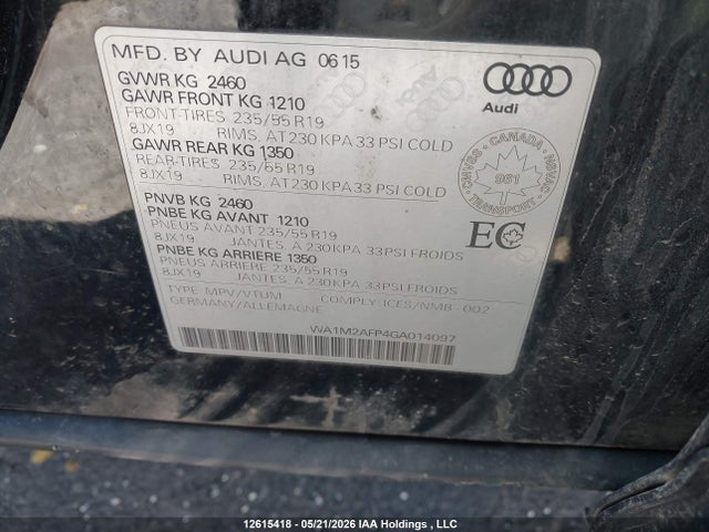 12615418 :رقم المزاد ، WA1M2AFP4GA014097 vin ، 2016 Audi Q5 Progressiv/s-line مزاد بيع