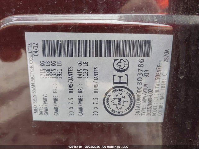 Продаж на аукціоні авто 2013 Infiniti Jx35, vin: 5N1AL0MM9DC303786, номер лоту: 12615419