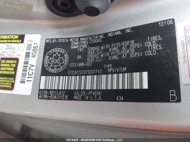 Продаж на аукціоні авто 2007 Toyota Sienna Ce 7 Passenger/ce 8 Passenger/le 7 Passenger/le 8 Passenger, vin: 5TDZK23CX7S007743, номер лоту: 12615423