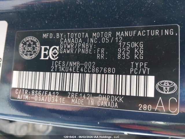 12615424 :رقم المزاد ، 2T1KU4EE4CC867680 vin ، 2012 Toyota Matrix مزاد بيع