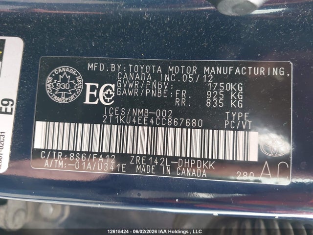 12615424 :رقم المزاد ، 2T1KU4EE4CC867680 vin ، 2012 Toyota Matrix مزاد بيع