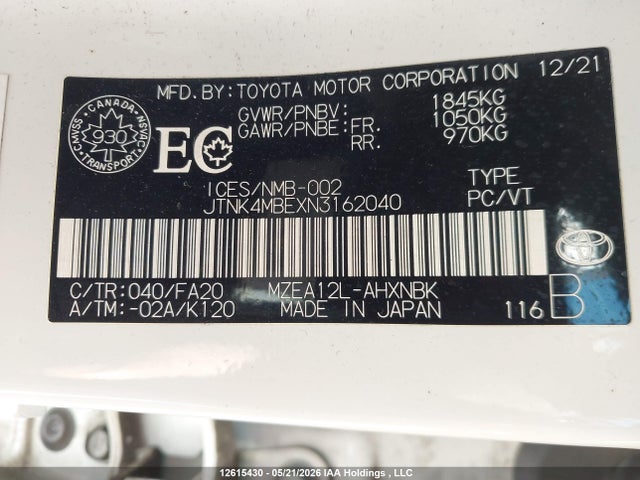 2022 Toyota Corolla მანქანა იყიდება აუქციონზე, vin: JTNK4MBEXN3162040, აუქციონის ნომერი: 12615430