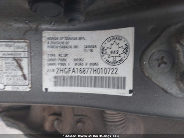 2007 Honda Civic Ex მანქანა იყიდება აუქციონზე, vin: 2HGFA16877H010722, აუქციონის ნომერი: 12615432