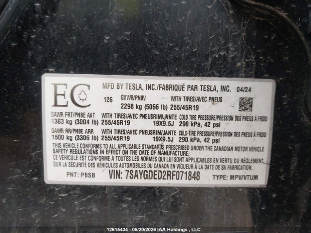 Tesla Model Y Long Range/rwd 2024 7SAYGDED2RF071848 Image 9