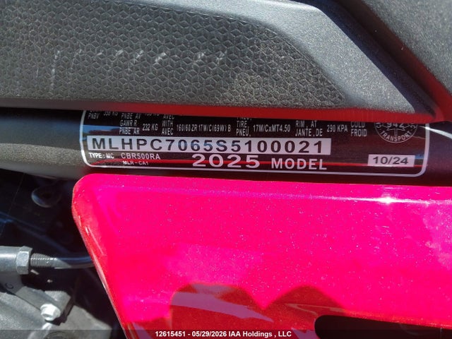 12615451 :رقم المزاد ، MLHPC7065S5100021 vin ، 2025 Honda Cbr500 Ra مزاد بيع