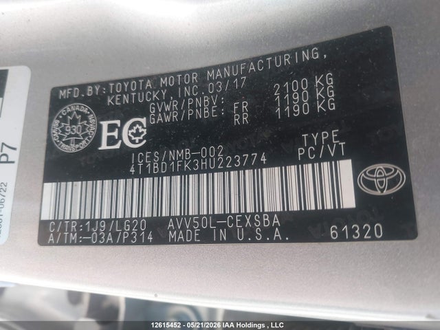 12615452 :رقم المزاد ، 4T1BD1FK3HU223774 vin ، 2017 Toyota Camry Hybrid Se مزاد بيع