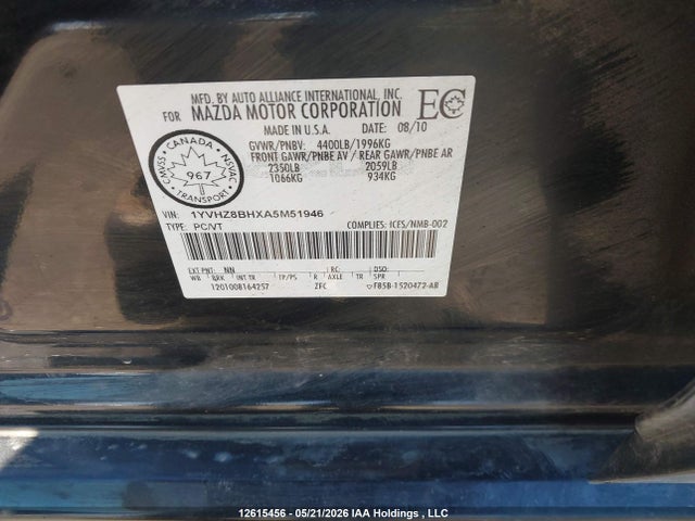 Aukcja sprzedaży 2010 Mazda 6 I, vin: 1YVHZ8BHXA5M51946, numer aukcji: 12615456