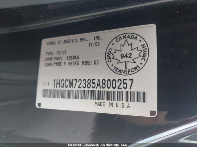 12615458 :رقم المزاد ، 1HGCM72385A800257 vin ، 2005 Honda Accord مزاد بيع