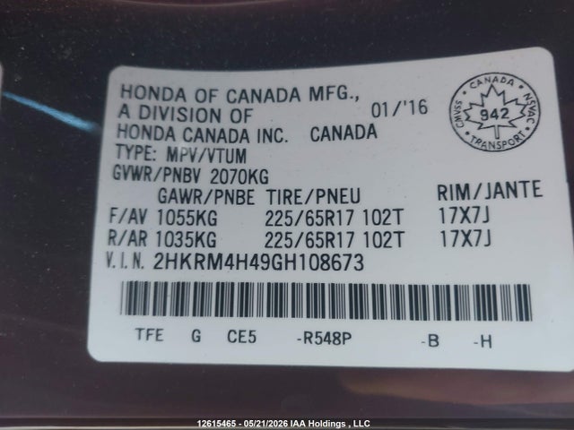 Продаж на аукціоні авто 2016 Honda Cr-v Se, vin: 2HKRM4H49GH108673, номер лоту: 12615465