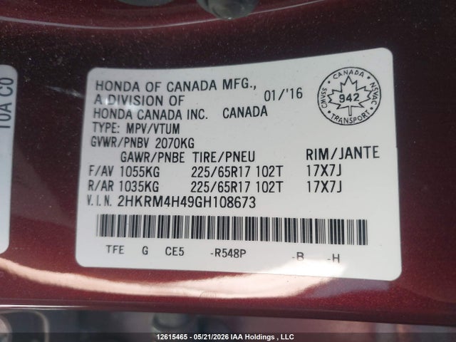 Продаж на аукціоні авто 2016 Honda Cr-v Se, vin: 2HKRM4H49GH108673, номер лоту: 12615465