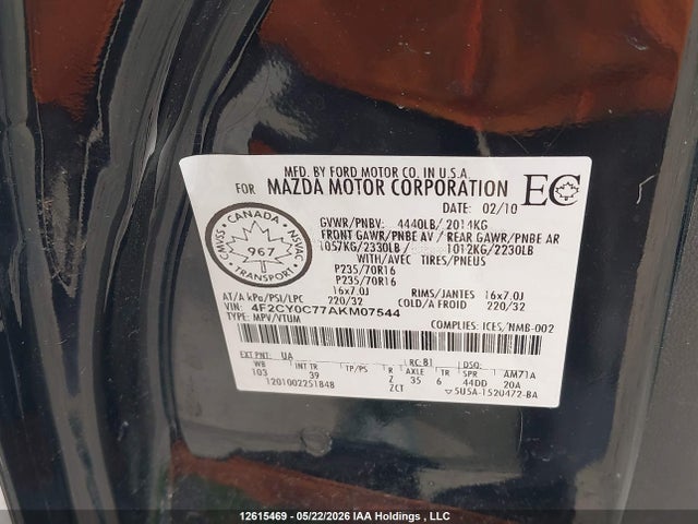 2010 Mazda Tribute მანქანა იყიდება აუქციონზე, vin: 4F2CY0C77AKM07544, აუქციონის ნომერი: 12615469