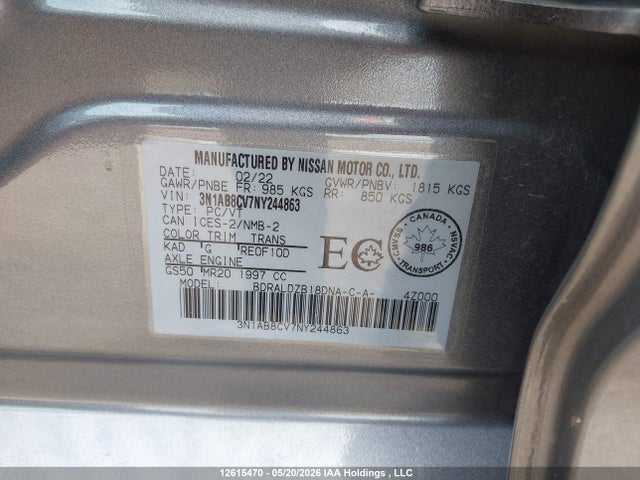 Продаж на аукціоні авто 2022 Nissan Sentra Sv, vin: 3N1AB8CV7NY244863, номер лоту: 12615470