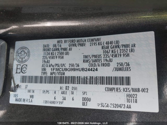 1FMCU9G99HUB24424 Ford Escape