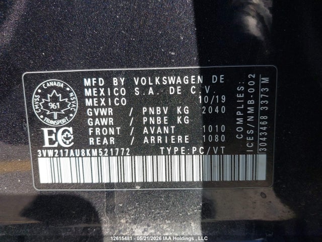 Auction sale of the 2019 Volkswagen Golf, vin: 3VW217AU8KM521772, lot number: 12615481