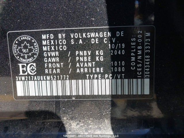 Auction sale of the 2019 Volkswagen Golf, vin: 3VW217AU8KM521772, lot number: 12615481