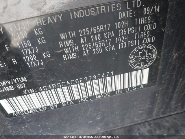 2015 Subaru Outback 2.5i მანქანა იყიდება აუქციონზე, vin: 4S4BSCAC6F3235471, აუქციონის ნომერი: 12615482
