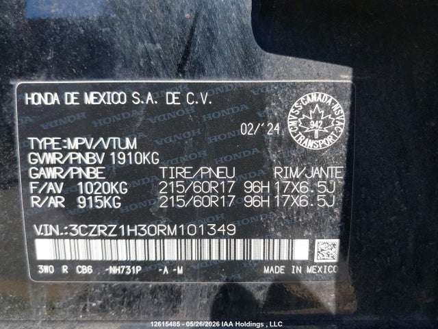12615485 :رقم المزاد ، 3CZRZ1H30RM101349 vin ، 2024 Honda Hr-v مزاد بيع