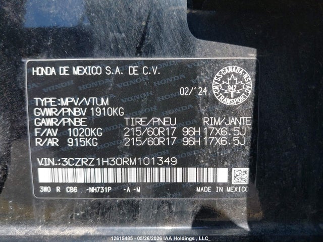 12615485 :رقم المزاد ، 3CZRZ1H30RM101349 vin ، 2024 Honda Hr-v مزاد بيع