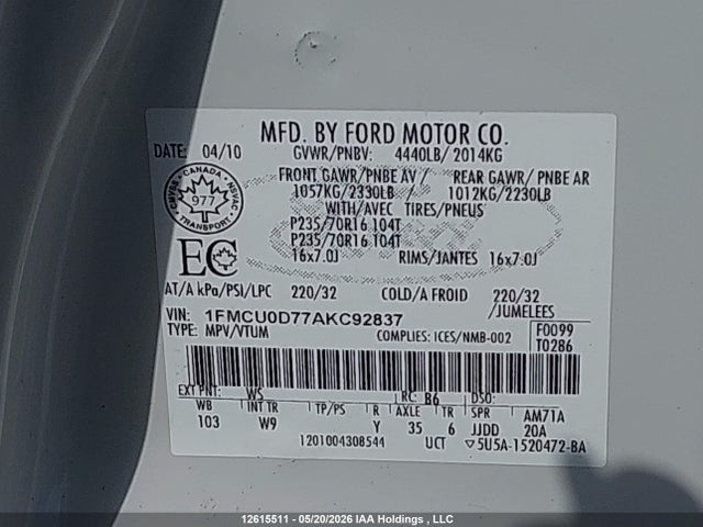 2010 Ford Escape Xlt მანქანა იყიდება აუქციონზე, vin: 1FMCU0D77AKC92837, აუქციონის ნომერი: 12615511