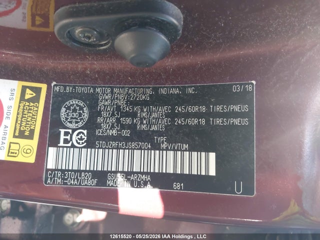 2018 Toyota Highlander Se/xle მანქანა იყიდება აუქციონზე, vin: 5TDJZRFH3JS857004, აუქციონის ნომერი: 12615520