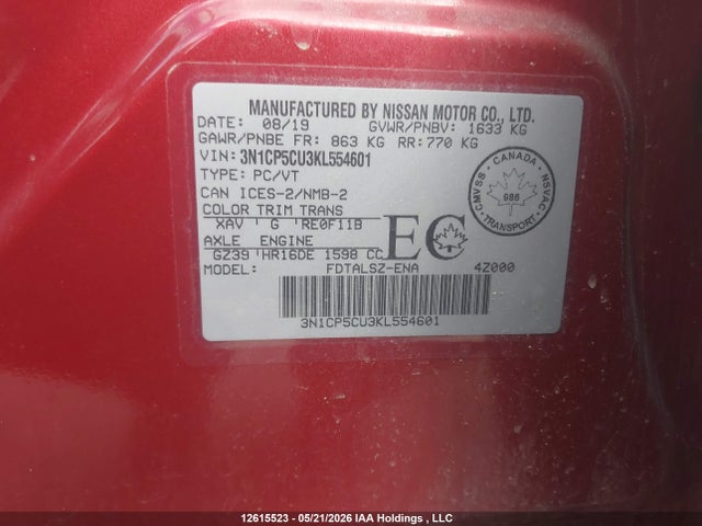 12615523 :رقم المزاد ، 3N1CP5CU3KL554601 vin ، 2019 Nissan Kicks S/sr/sv مزاد بيع