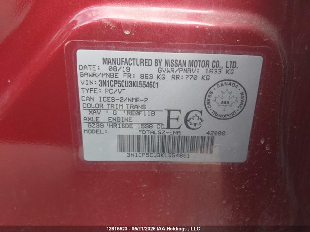 12615523 :رقم المزاد ، 3N1CP5CU3KL554601 vin ، 2019 Nissan Kicks S/sr/sv مزاد بيع