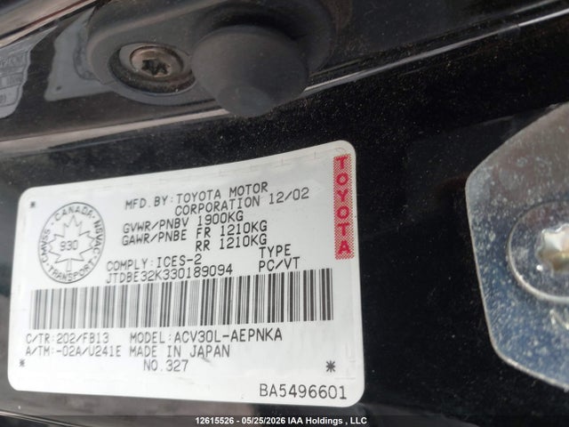 Aukcja sprzedaży 2003 Toyota Camry Le/se/xle, vin: JTDBE32K330189094, numer aukcji: 12615526