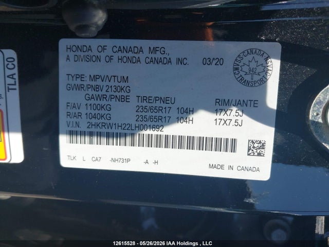 12615528 :رقم المزاد ، 2HKRW1H22LH001692 vin ، 2020 Honda Cr-v Lx مزاد بيع