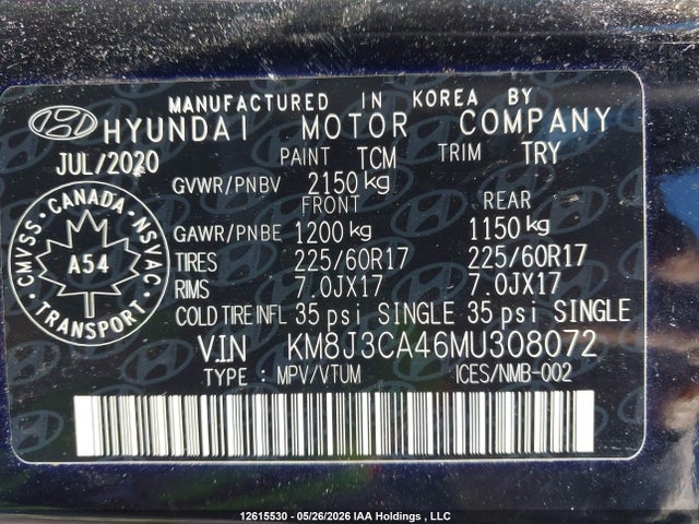 Продажа на аукционе авто 2021 Hyundai Tucson, vin: KM8J3CA46MU308072, номер лота: 12615530