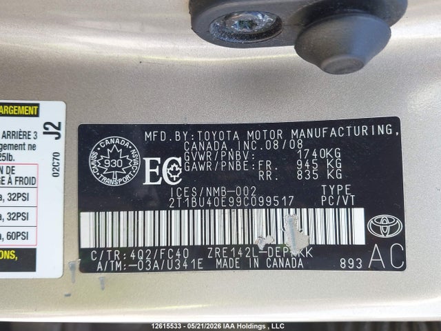 12615533 :رقم المزاد ، 2T1BU40E99C099517 vin ، 2009 Toyota Corolla Le مزاد بيع