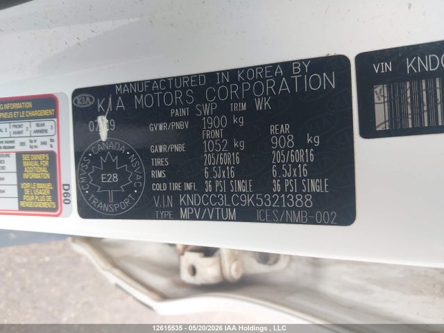 Продажа на аукционе авто 2019 Kia Niro Ex/ex Premium, vin: KNDCC3LC9K5321388, номер лота: 12615535