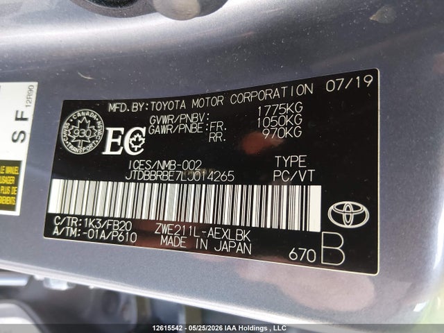 12615542 :رقم المزاد ، JTDBBRBE7LJ014265 vin ، 2020 Toyota Corolla Hybrid مزاد بيع
