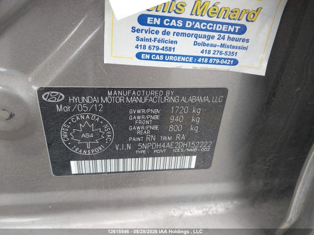 2013 Hyundai Elantra Gls/limited მანქანა იყიდება აუქციონზე, vin: 5NPDH4AE2DH152222, აუქციონის ნომერი: 12615546