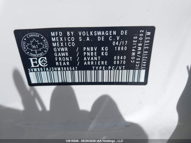 Продажа на аукционе авто 2017 Volkswagen Jetta Sedan, vin: 3VWB67AJ3HM366547, номер лота: 12615548