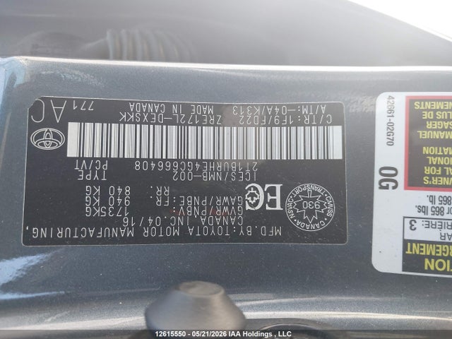 Aukcja sprzedaży 2016 Toyota Corolla L/le/le Pls/prm/s/s Pls, vin: 2T1BURHE4GC666408, numer aukcji: 12615550