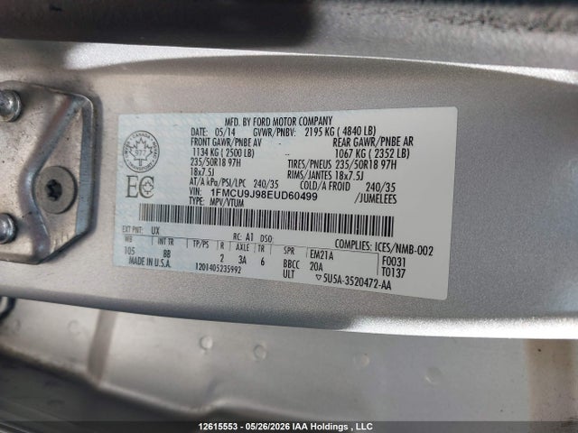 12615553 :رقم المزاد ، 1FMCU9J98EUD60499 vin ، 2014 Ford Escape Titanium مزاد بيع