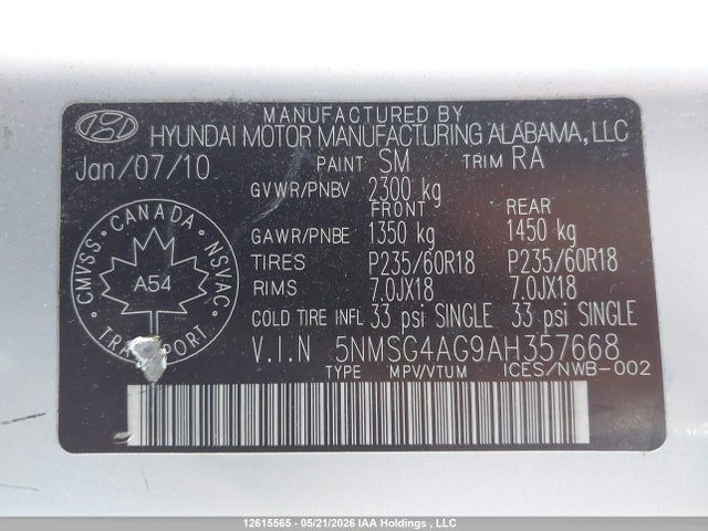 2010 Hyundai Santa Fe Gl 3.5 Sport მანქანა იყიდება აუქციონზე, vin: 5NMSG4AG9AH357668, აუქციონის ნომერი: 12615565
