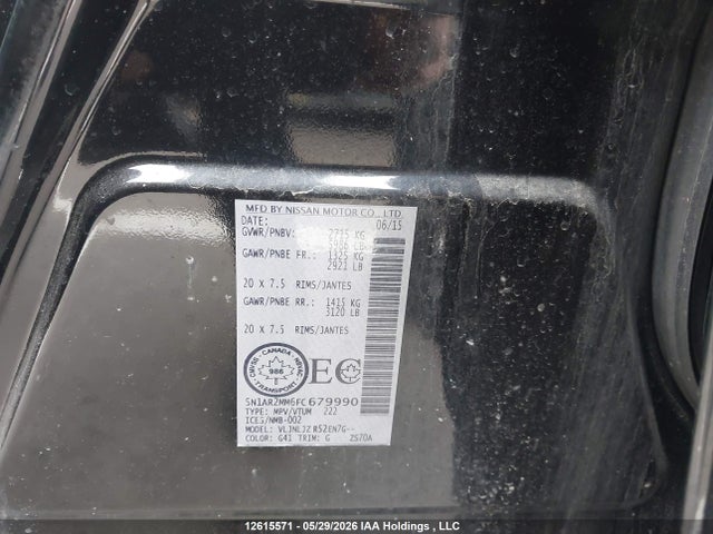 2015 Nissan Pathfinder S/sv/sl/platinum მანქანა იყიდება აუქციონზე, vin: 5N1AR2MM6FC679990, აუქციონის ნომერი: 12615571