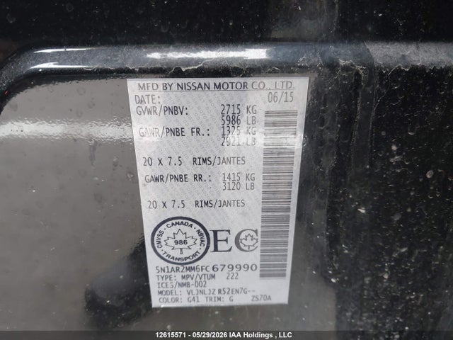 2015 Nissan Pathfinder S/sv/sl/platinum მანქანა იყიდება აუქციონზე, vin: 5N1AR2MM6FC679990, აუქციონის ნომერი: 12615571