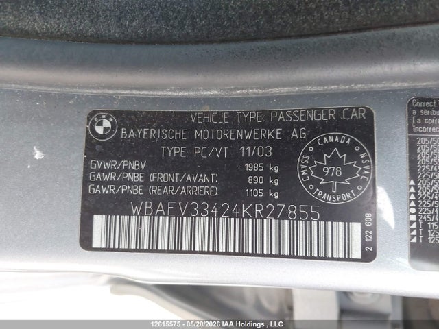 12615575 :رقم المزاد ، WBAEV33424KR27855 vin ، 2004 Bmw 325i مزاد بيع