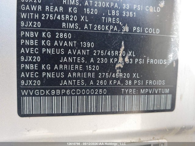 12610798 :رقم المزاد ، WVGDK9BP6CD000250 vin ، 2012 Volkswagen Touareg 3.0 Tdi Comfortline/3.0 Tdi Execline/3.0 Tdi Highline مزاد بيع