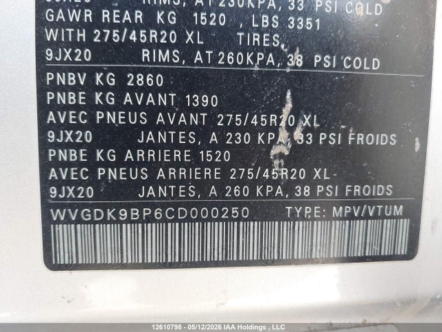 12610798 :رقم المزاد ، WVGDK9BP6CD000250 vin ، 2012 Volkswagen Touareg 3.0 Tdi Comfortline/3.0 Tdi Execline/3.0 Tdi Highline مزاد بيع