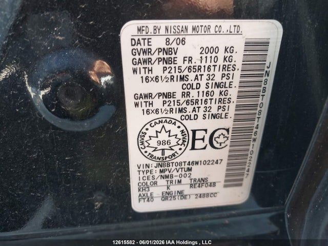 Продаж на аукціоні авто 2006 Nissan X-trail Xe/se/le, vin: JN8BT08T46W102247, номер лоту: 12615582