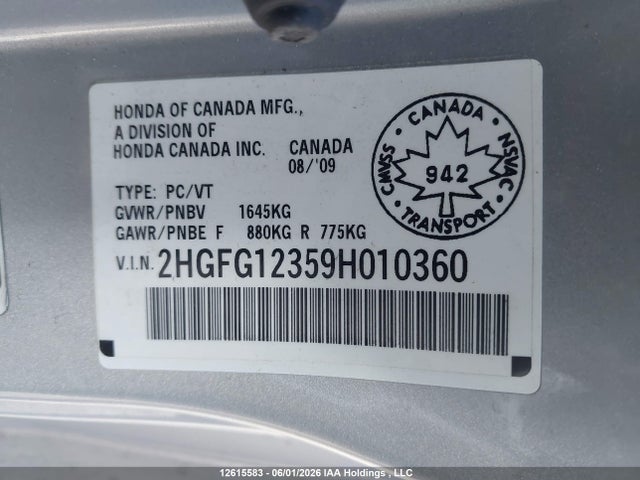 12615583 :رقم المزاد ، 2HGFG12359H010360 vin ، 2009 Honda Civic Dx-g مزاد بيع